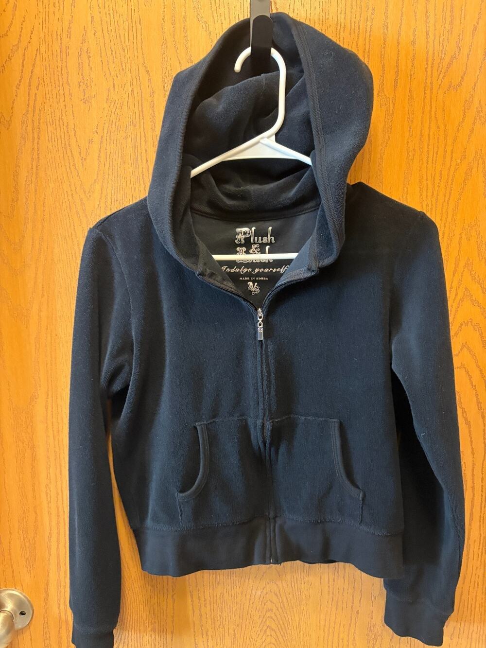 Plush & Lush Velour Zip Hoodie Womens M Black Full Zip Y2K Track Jacket
